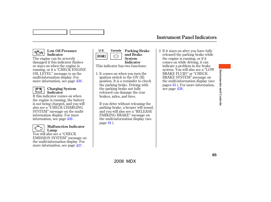 Instrument panel indicators | Acura 2008 MDX - Owner's Manual User Manual | Page 69 / 489