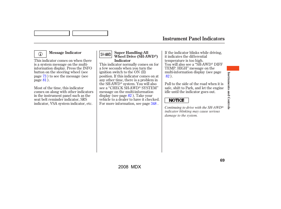 Instrument panel indicators, 2008 mdx | Acura 2008 MDX - Owner's Manual User Manual | Page 73 / 489