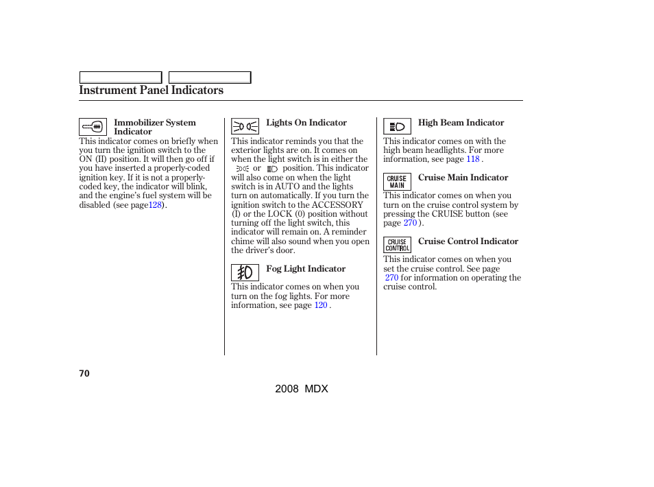 Instrument panel indicators | Acura 2008 MDX - Owner's Manual User Manual | Page 74 / 489