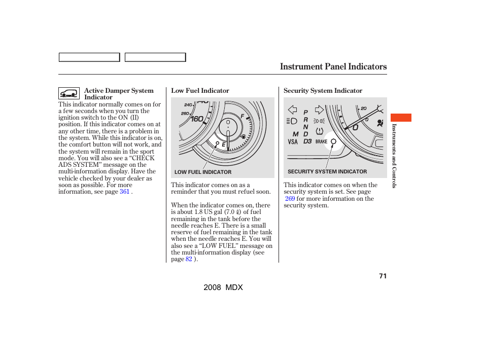 Instrument panel indicators | Acura 2008 MDX - Owner's Manual User Manual | Page 75 / 489