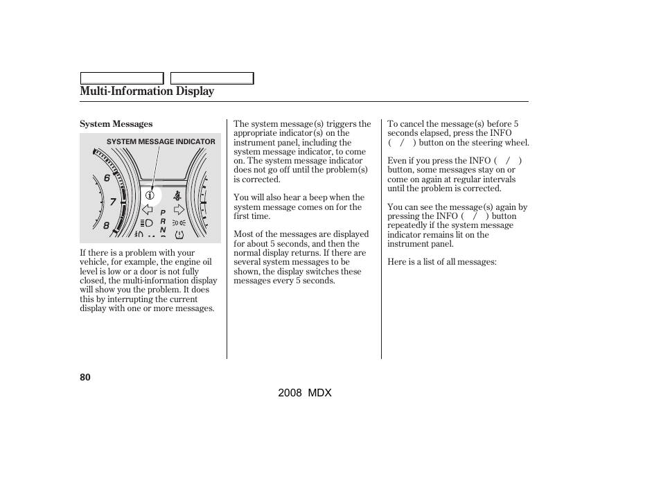 Multi-information display | Acura 2008 MDX - Owner's Manual User Manual | Page 84 / 489