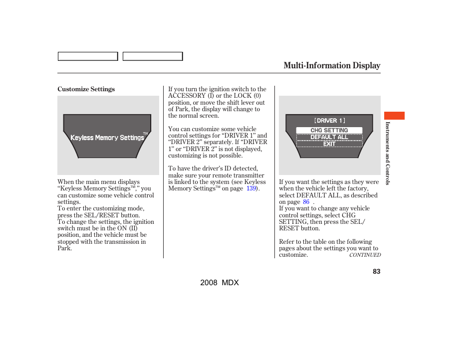 Multi-information display | Acura 2008 MDX - Owner's Manual User Manual | Page 87 / 489