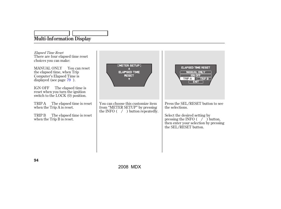 Multi-information display | Acura 2008 MDX - Owner's Manual User Manual | Page 98 / 489