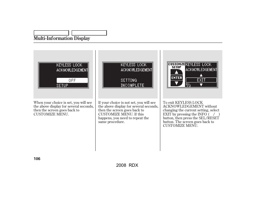 Multi-information display | Acura 2008 RDX - Owner's Manual User Manual | Page 110 / 433