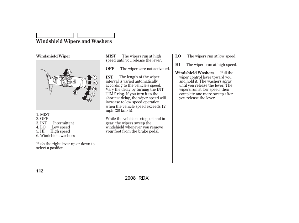 Windshield wipers and washers | Acura 2008 RDX - Owner's Manual User Manual | Page 116 / 433