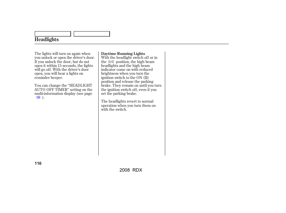 Headlights | Acura 2008 RDX - Owner's Manual User Manual | Page 120 / 433