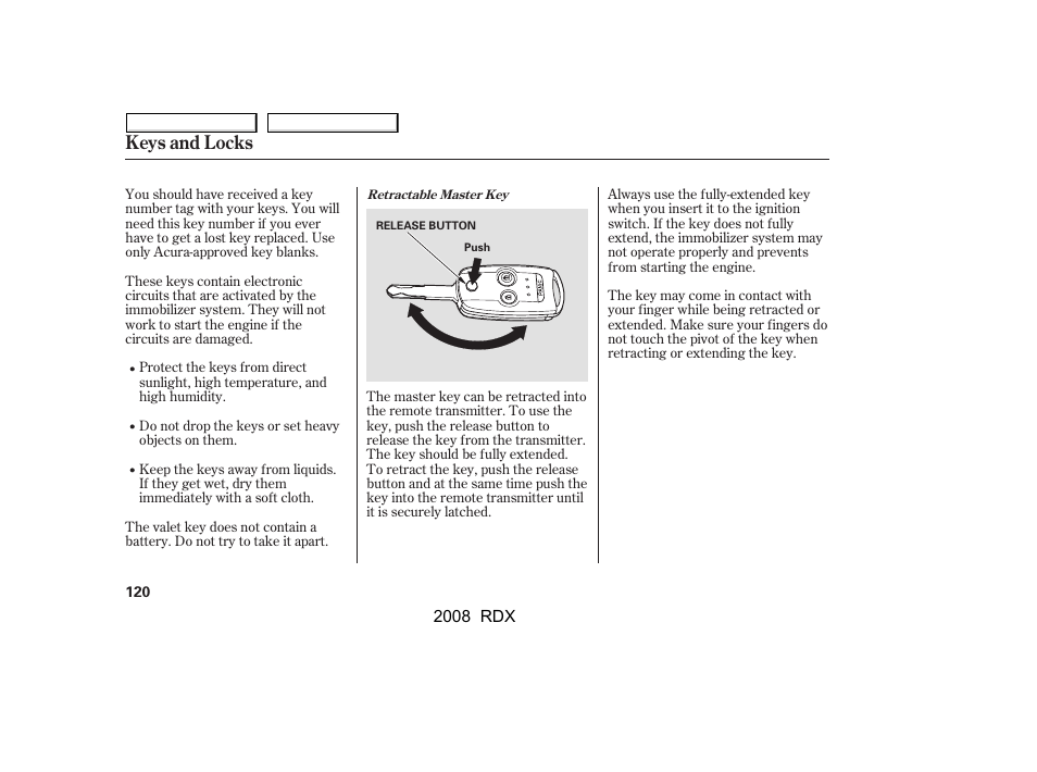 Keys and locks | Acura 2008 RDX - Owner's Manual User Manual | Page 124 / 433
