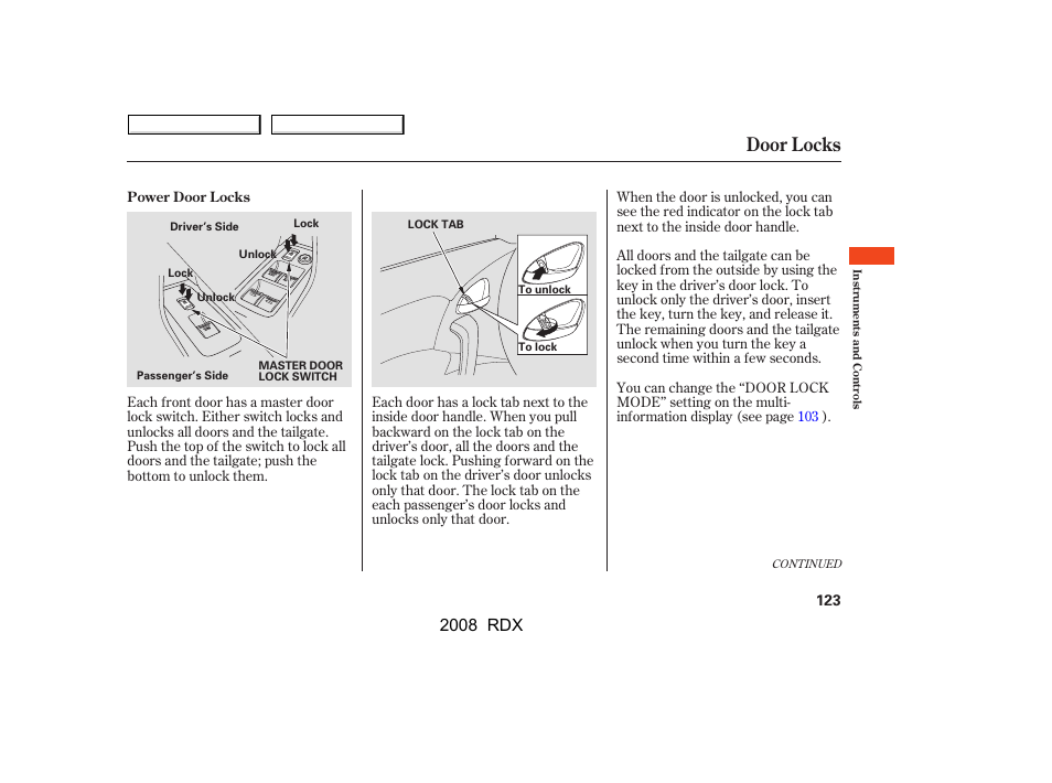 Door locks, 2008 rdx | Acura 2008 RDX - Owner's Manual User Manual | Page 127 / 433