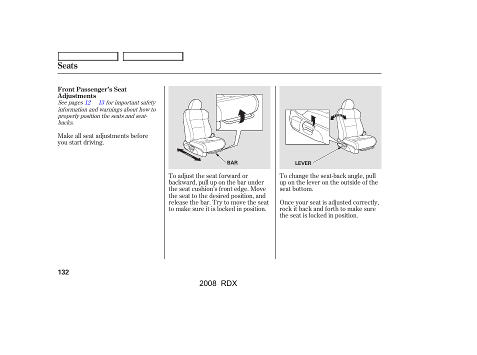 Seats | Acura 2008 RDX - Owner's Manual User Manual | Page 136 / 433