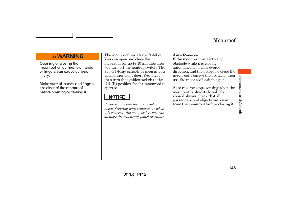 Moonroof, 2008 rdx | Acura 2008 RDX - Owner's Manual User Manual | Page 147 / 433