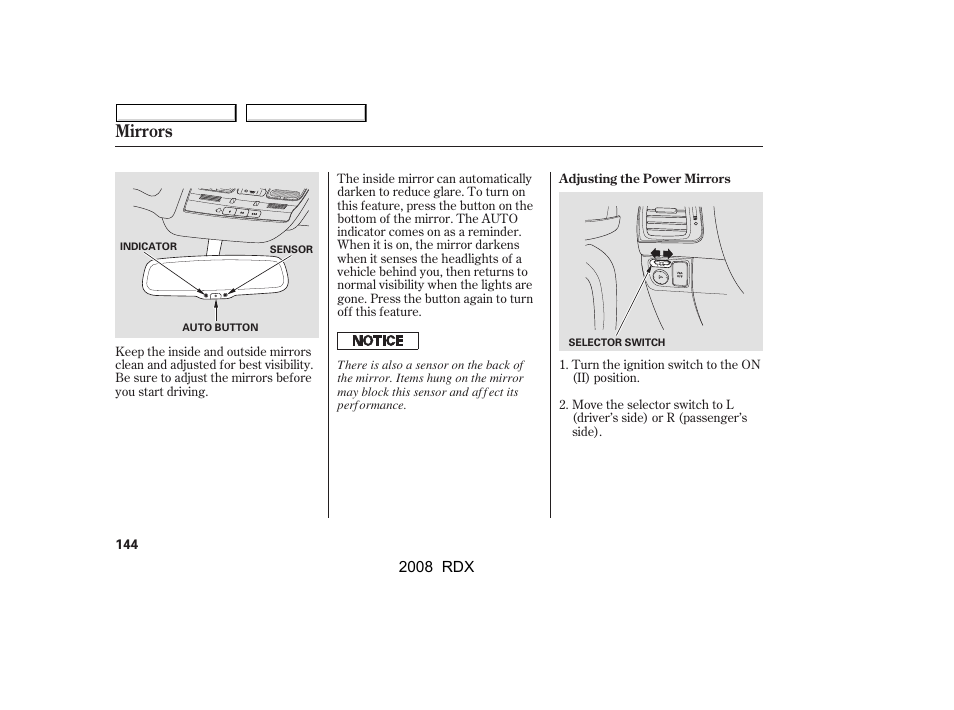 Mirrors | Acura 2008 RDX - Owner's Manual User Manual | Page 148 / 433