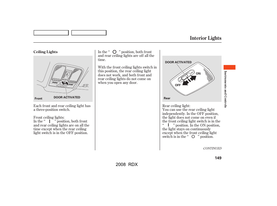 Interior lights, 2008 rdx | Acura 2008 RDX - Owner's Manual User Manual | Page 153 / 433