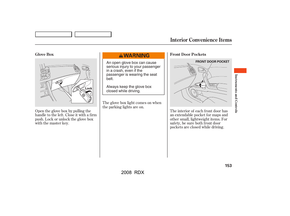 Interior convenience items, 2008 rdx | Acura 2008 RDX - Owner's Manual User Manual | Page 157 / 433