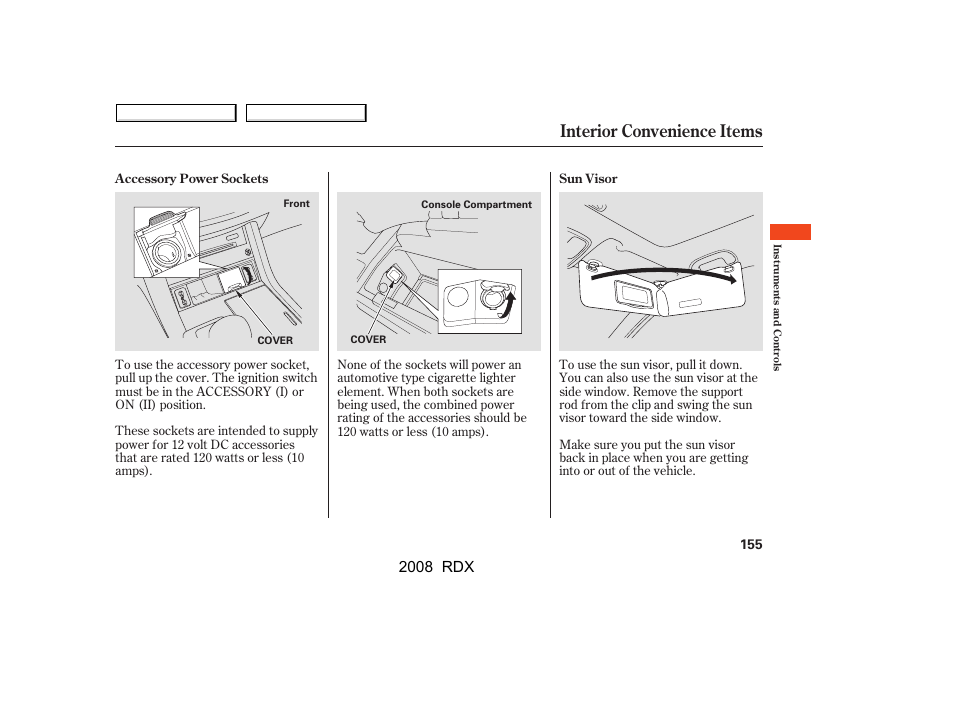 Interior convenience items, 2008 rdx | Acura 2008 RDX - Owner's Manual User Manual | Page 159 / 433