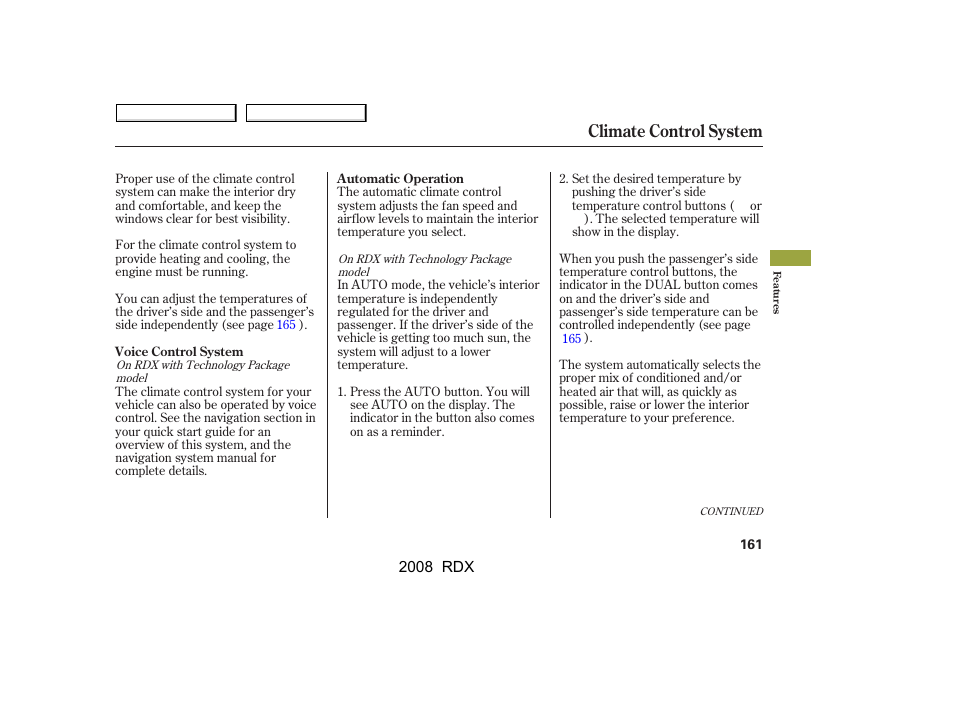 Climate control system | Acura 2008 RDX - Owner's Manual User Manual | Page 165 / 433