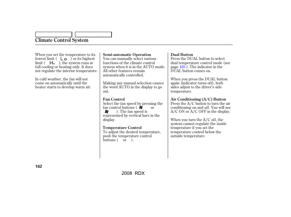 Climate control system | Acura 2008 RDX - Owner's Manual User Manual | Page 166 / 433
