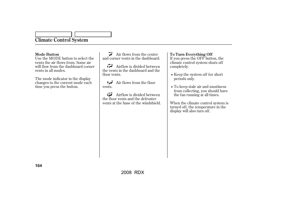 Climate control system | Acura 2008 RDX - Owner's Manual User Manual | Page 168 / 433