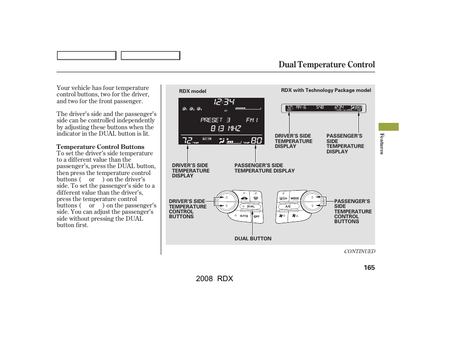 Dual temperature control, 2008 rdx | Acura 2008 RDX - Owner's Manual User Manual | Page 169 / 433