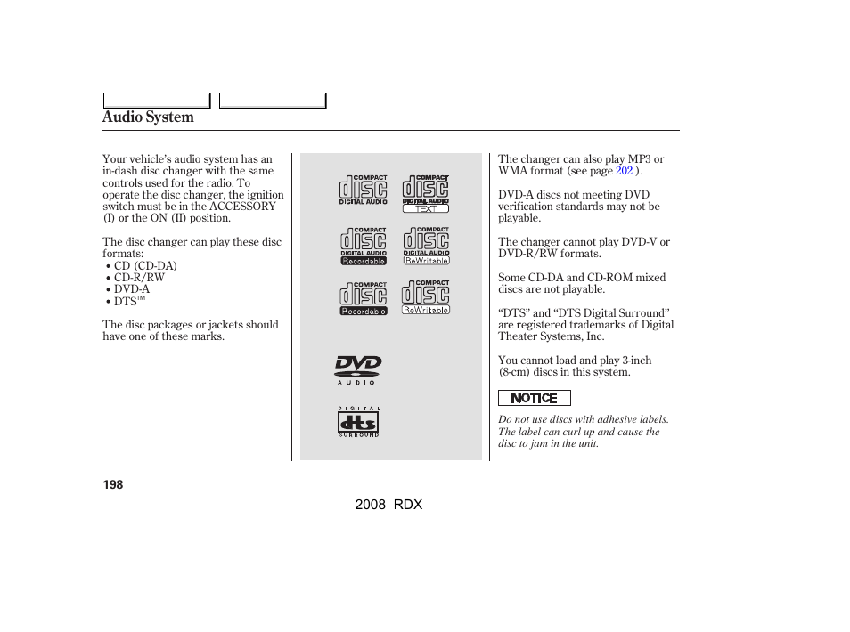 Audio system | Acura 2008 RDX - Owner's Manual User Manual | Page 202 / 433