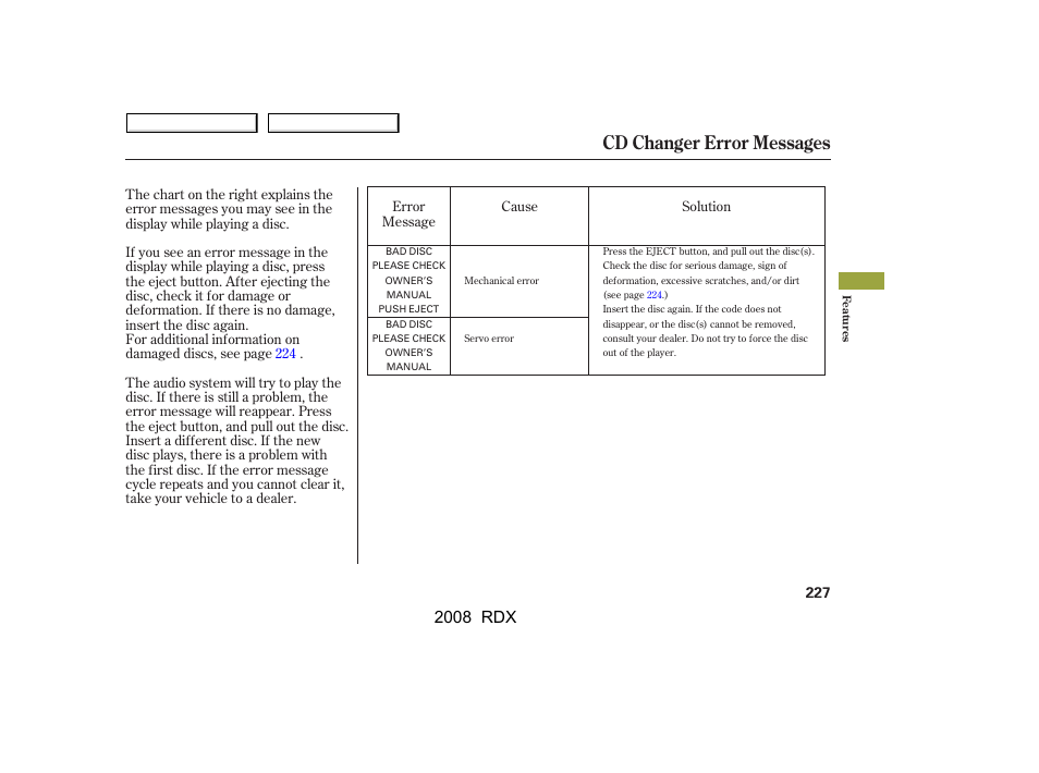 Cd changer error messages, 2008 rdx | Acura 2008 RDX - Owner's Manual User Manual | Page 231 / 433