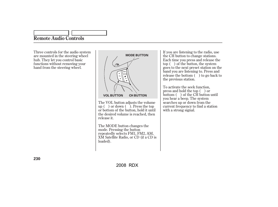 Remote audio controls | Acura 2008 RDX - Owner's Manual User Manual | Page 234 / 433