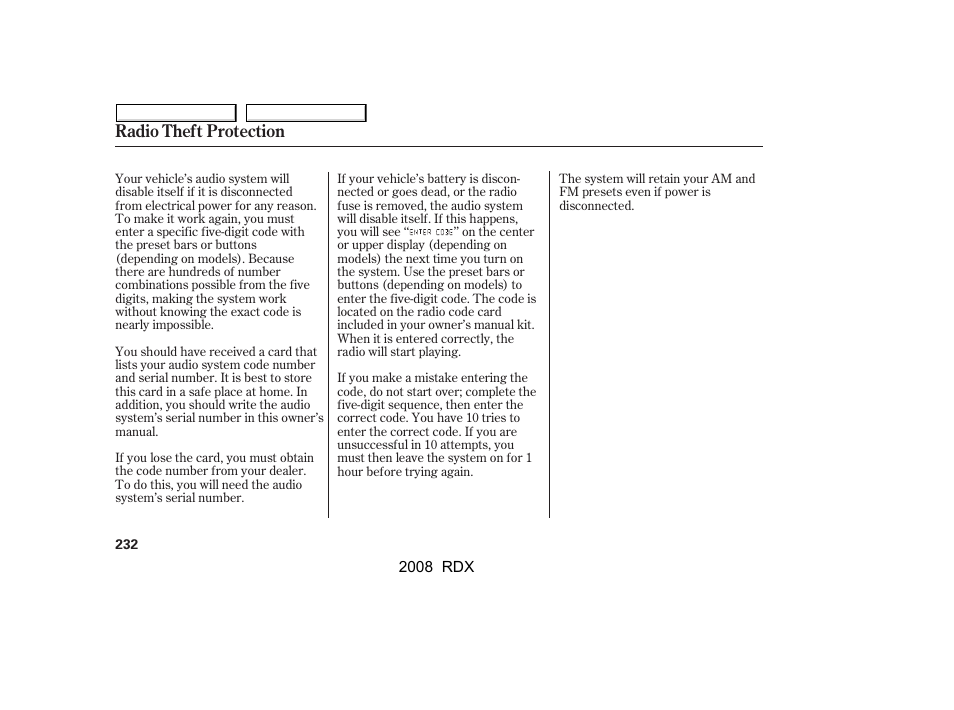 Radio theft protection | Acura 2008 RDX - Owner's Manual User Manual | Page 236 / 433