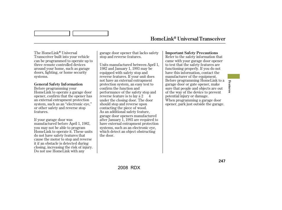 Homelink universal transceiver | Acura 2008 RDX - Owner's Manual User Manual | Page 251 / 433