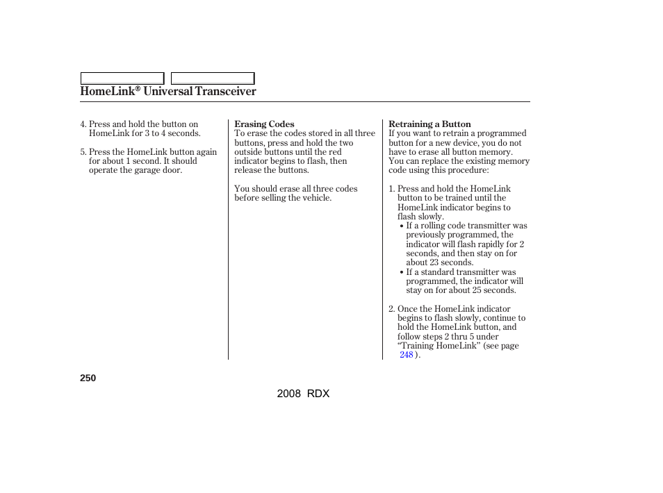 Homelink universal transceiver | Acura 2008 RDX - Owner's Manual User Manual | Page 254 / 433