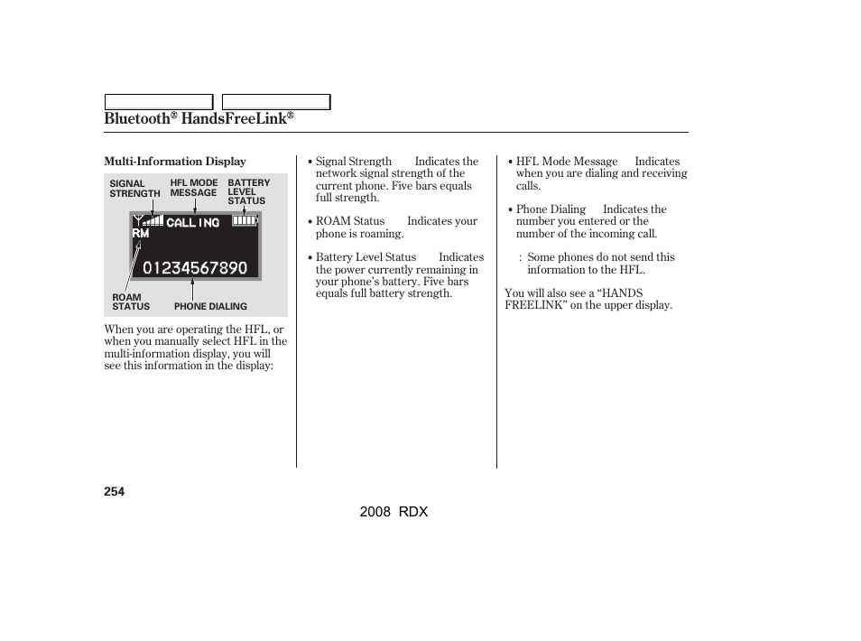 Bluetooth handsfreelink | Acura 2008 RDX - Owner's Manual User Manual | Page 258 / 433