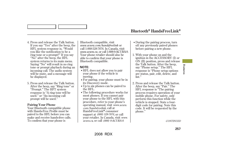 Bluetooth handsfreelink | Acura 2008 RDX - Owner's Manual User Manual | Page 261 / 433