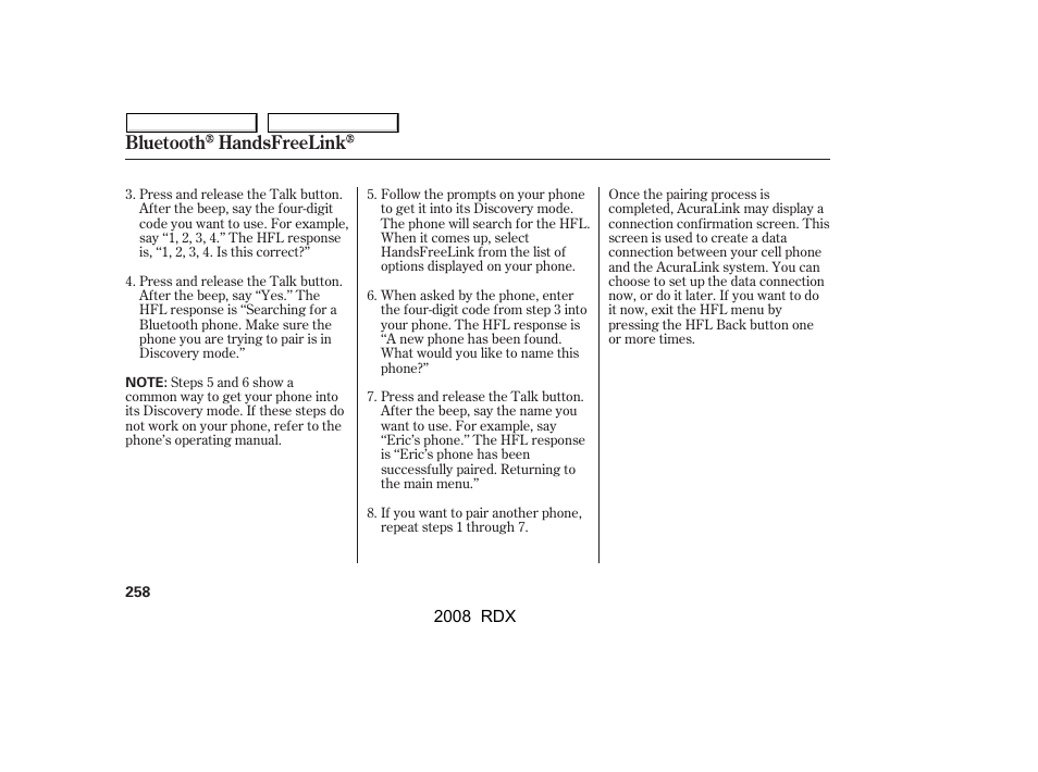 Bluetooth handsfreelink | Acura 2008 RDX - Owner's Manual User Manual | Page 262 / 433