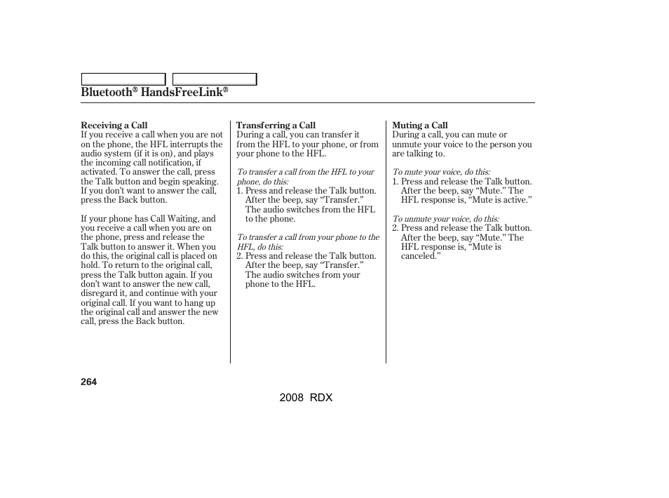 Bluetooth handsfreelink | Acura 2008 RDX - Owner's Manual User Manual | Page 268 / 433