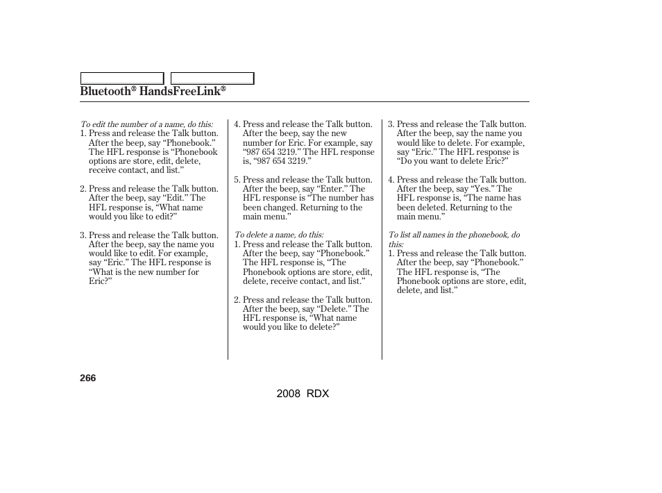 Bluetooth handsfreelink | Acura 2008 RDX - Owner's Manual User Manual | Page 270 / 433