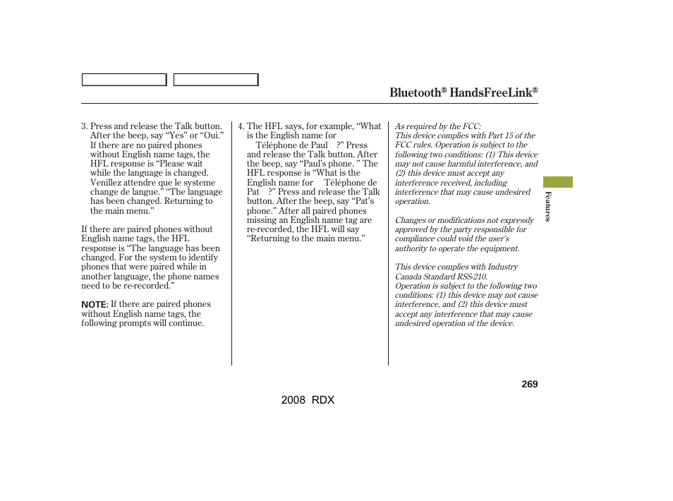 Bluetooth handsfreelink | Acura 2008 RDX - Owner's Manual User Manual | Page 273 / 433