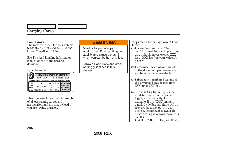 Carrying cargo | Acura 2008 RDX - Owner's Manual User Manual | Page 288 / 433