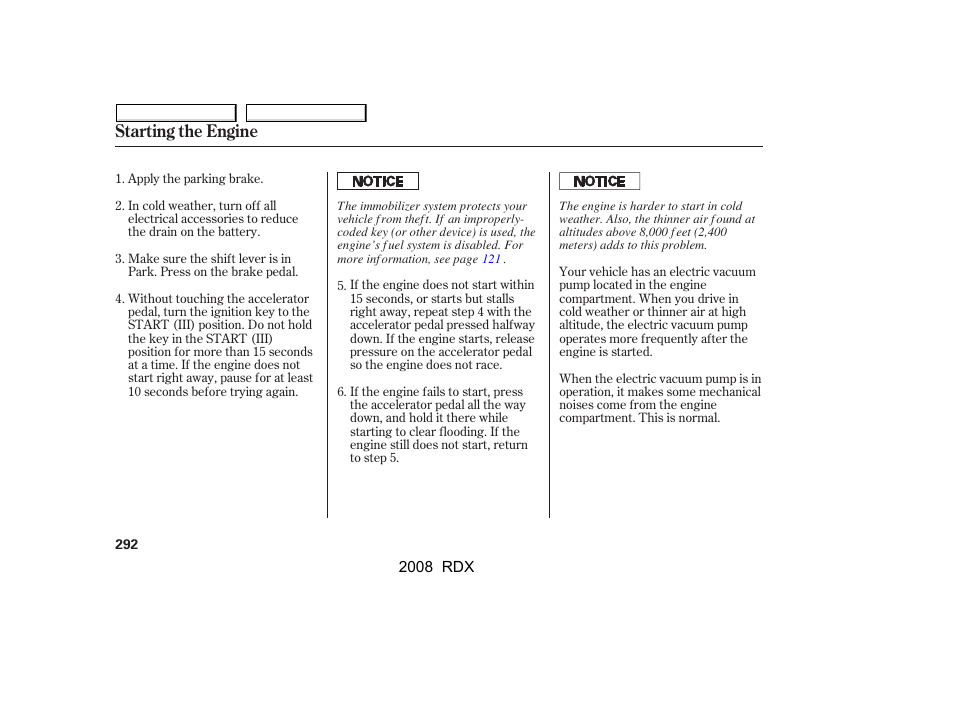 Starting the engine | Acura 2008 RDX - Owner's Manual User Manual | Page 296 / 433