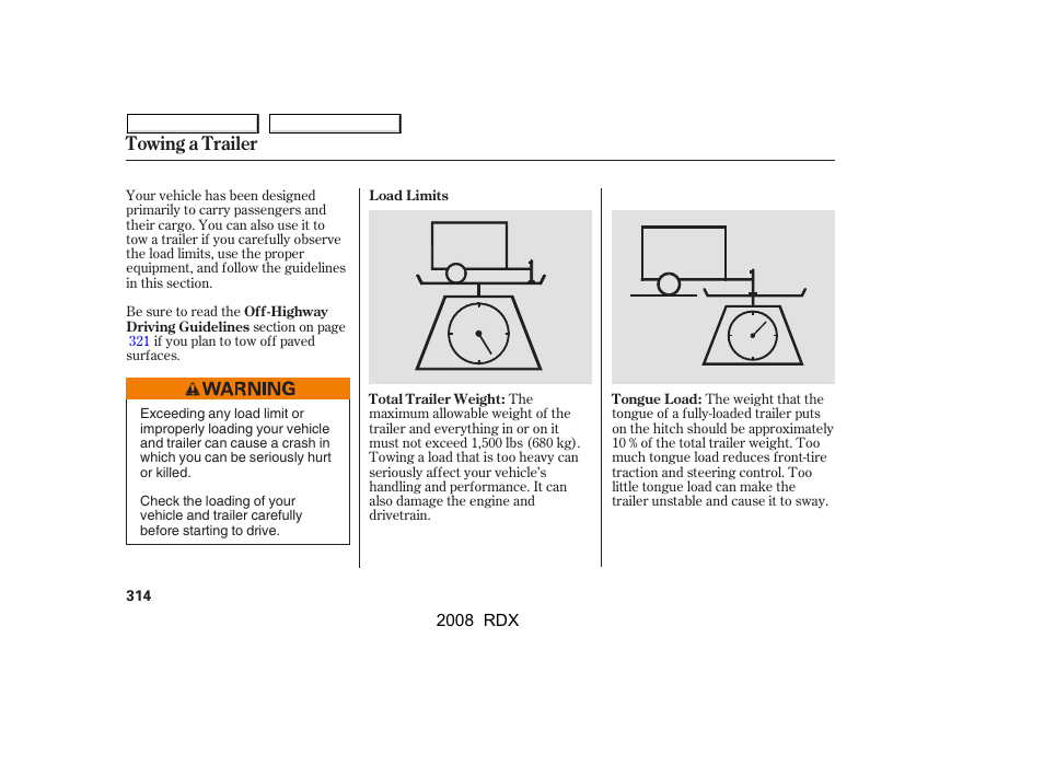 Towing a trailer | Acura 2008 RDX - Owner's Manual User Manual | Page 318 / 433