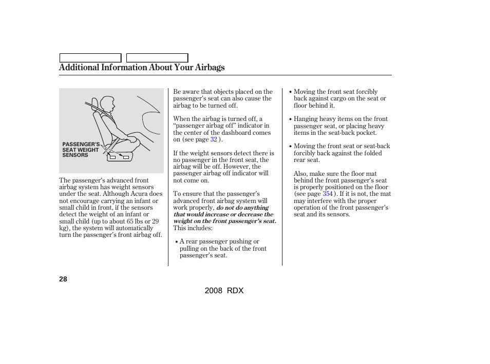 Additional information about your airbags | Acura 2008 RDX - Owner's Manual User Manual | Page 32 / 433