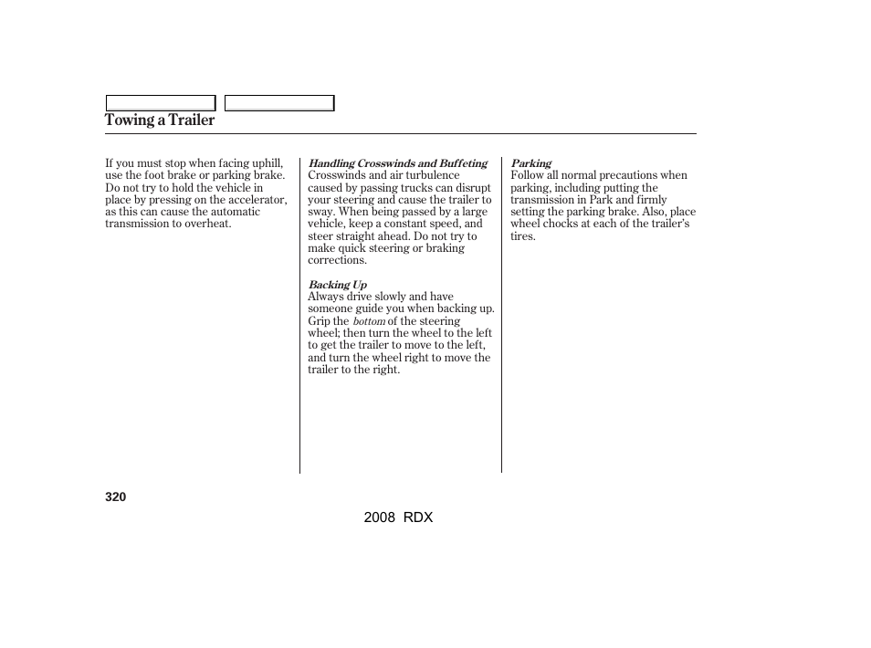 Towing a trailer | Acura 2008 RDX - Owner's Manual User Manual | Page 324 / 433