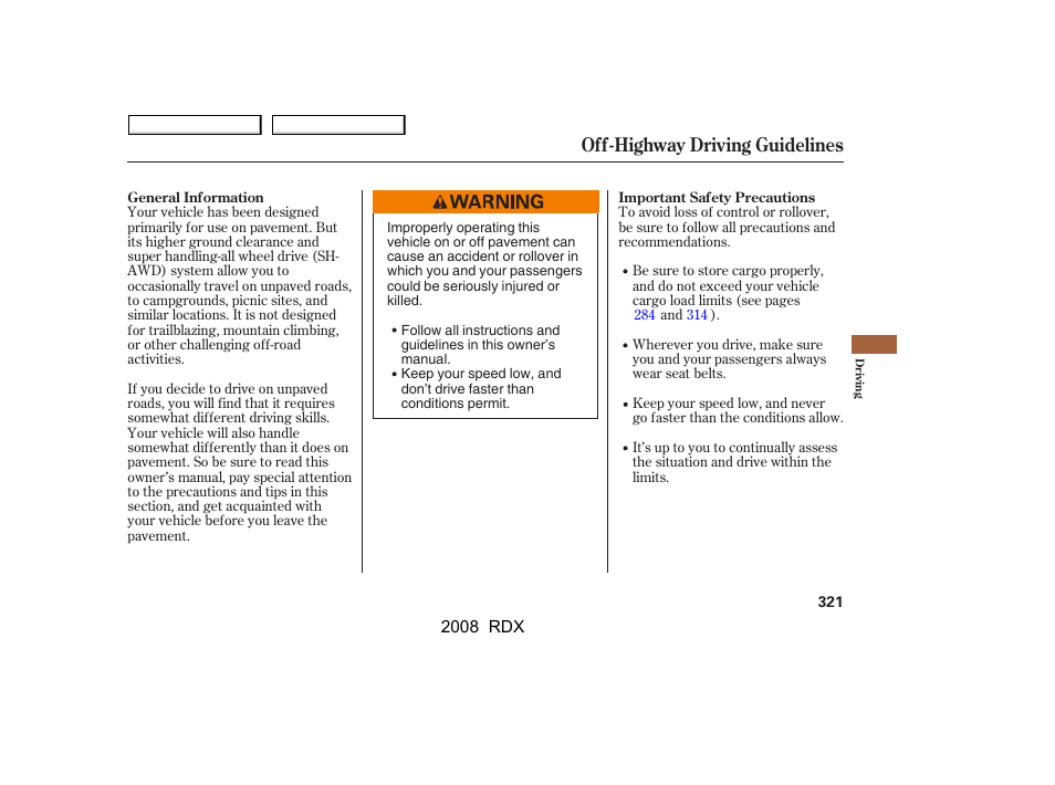 Off-highway driving guidelines | Acura 2008 RDX - Owner's Manual User Manual | Page 325 / 433