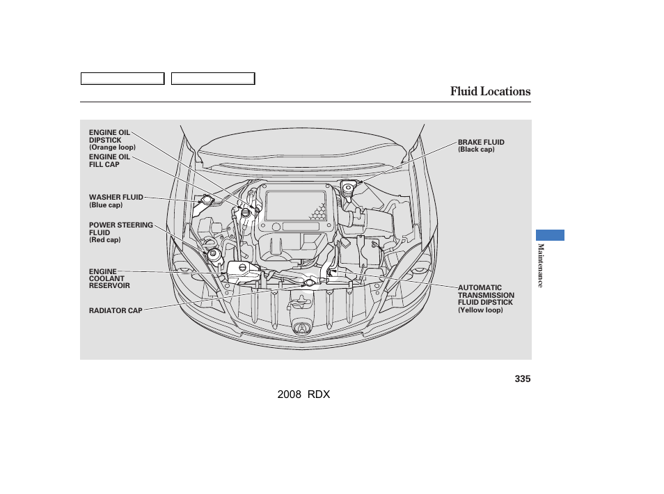 Fluid locations, 2008 rdx | Acura 2008 RDX - Owner's Manual User Manual | Page 339 / 433