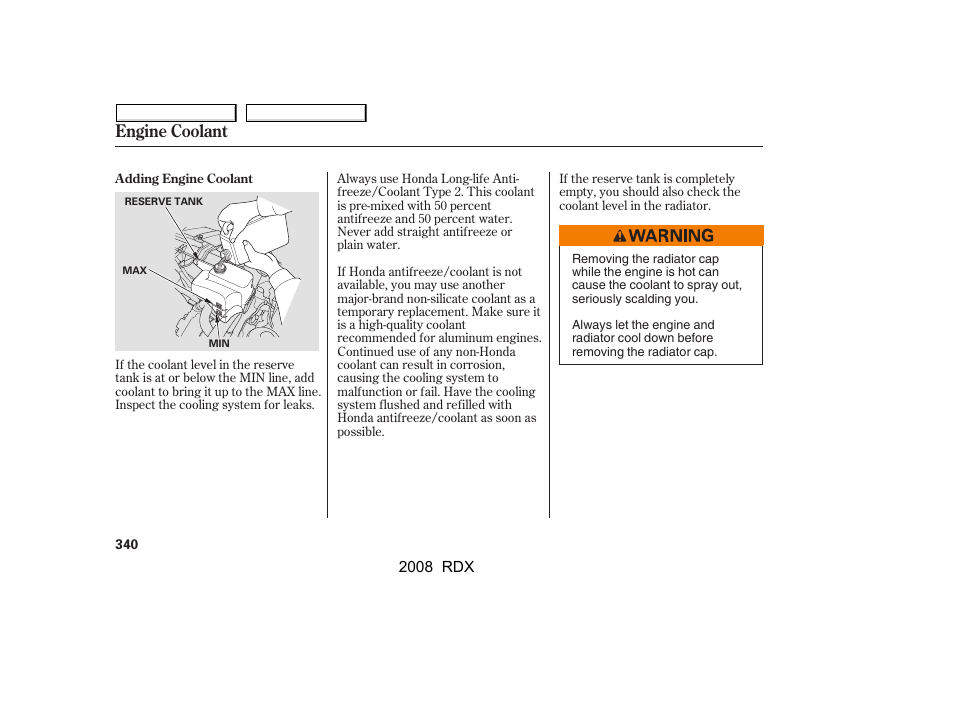 Engine coolant | Acura 2008 RDX - Owner's Manual User Manual | Page 344 / 433