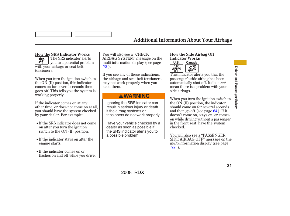 Additional information about your airbags | Acura 2008 RDX - Owner's Manual User Manual | Page 35 / 433
