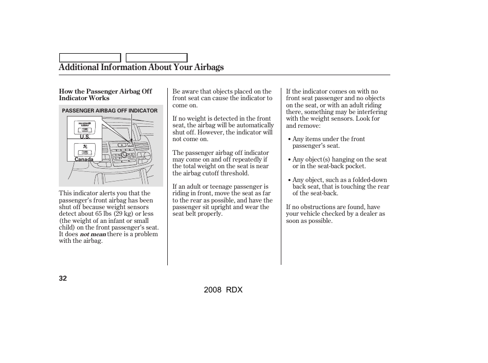 Additional information about your airbags | Acura 2008 RDX - Owner's Manual User Manual | Page 36 / 433