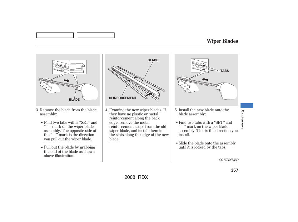 Wiper blades | Acura 2008 RDX - Owner's Manual User Manual | Page 361 / 433