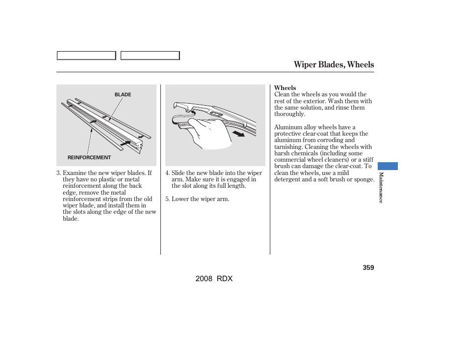 Wiper blades, wheels | Acura 2008 RDX - Owner's Manual User Manual | Page 363 / 433