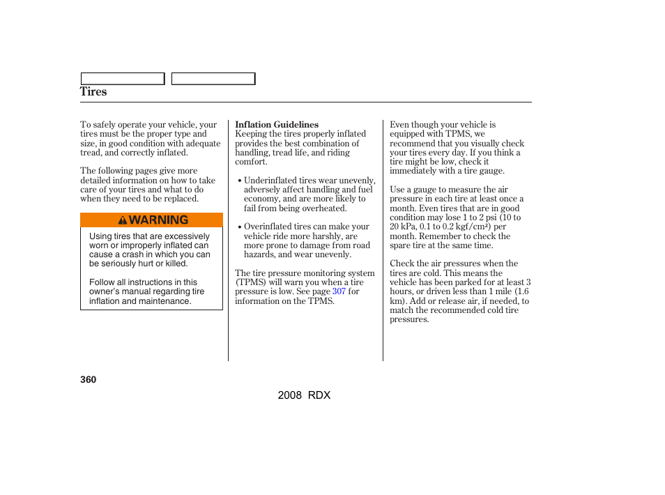 Tires | Acura 2008 RDX - Owner's Manual User Manual | Page 364 / 433