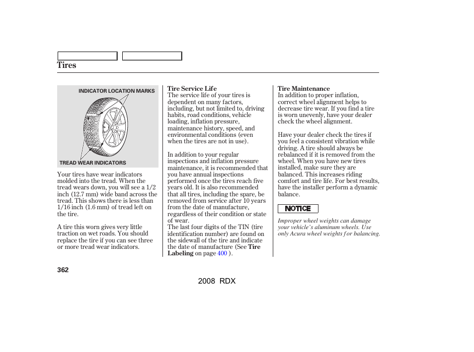 Tires | Acura 2008 RDX - Owner's Manual User Manual | Page 366 / 433