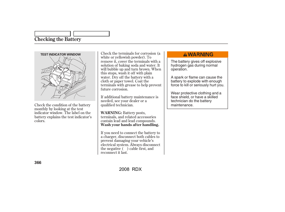 Checking the battery | Acura 2008 RDX - Owner's Manual User Manual | Page 370 / 433