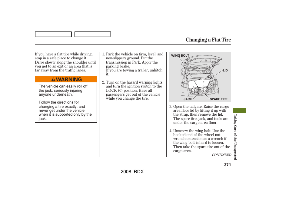 Changing a flat tire, 2008 rdx | Acura 2008 RDX - Owner's Manual User Manual | Page 375 / 433